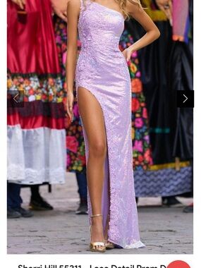 Sherri Hill Lilac One-Shoulder Sequin Gown with High Slit